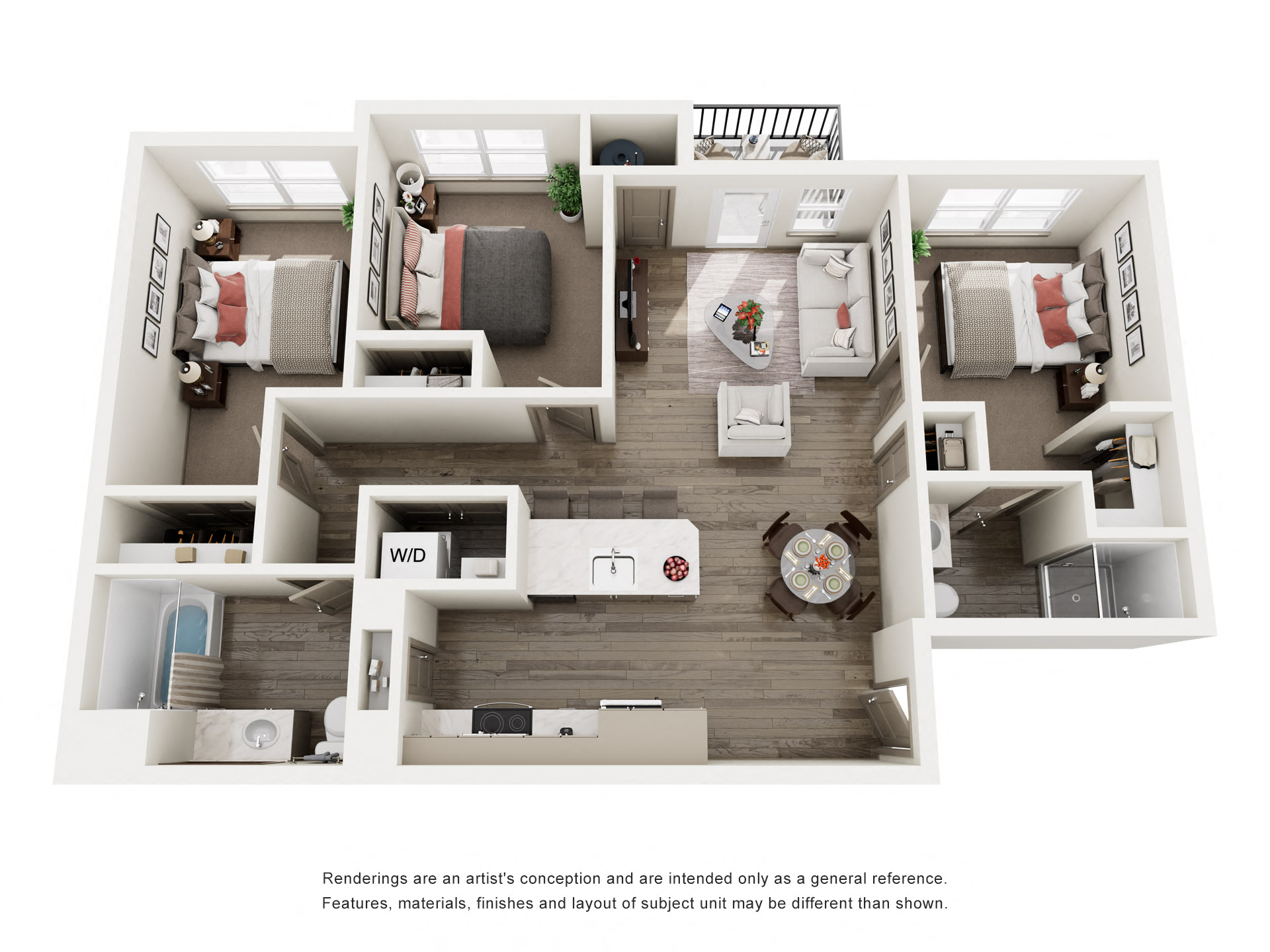 Floor plan for 3 beds, 2 baths, 987 sqft