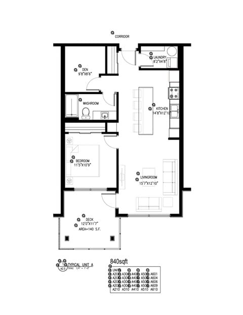 Floor plan for 1 bed, 1 bath, 840 sqft
