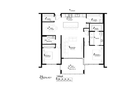 Floor plan for 2 beds, 2 baths, 1369 sqft