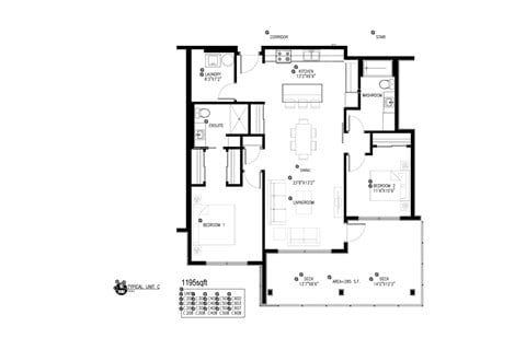 Floor plan for 2 beds, 2 baths, 1195 sqft
