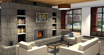 Denver apartment for rent - A living room with a stone fireplace and a painting of a family.