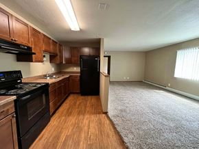 Grand Forks apartment for rent - an empty kitchen and living room with wood floors and black appliances