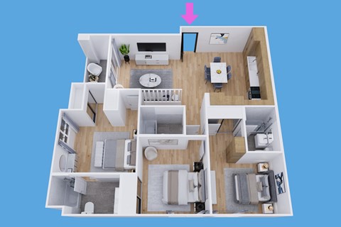 Floor plan for 3 beds, 3 baths, 1352 sqft