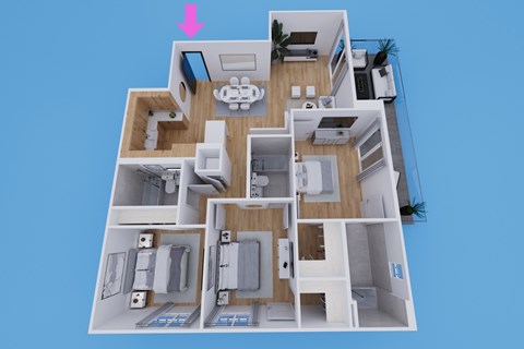 Floor plan for 3 beds, 3 baths, 1360 sqft