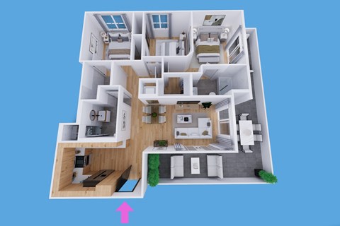 Floor plan for 3 beds, 3 baths, 1126 sqft