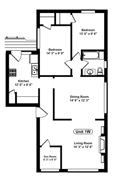 Floor plan for 2 beds, 1 bath, 754 sqft