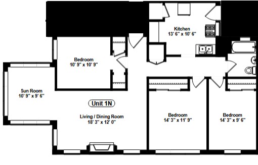 Floor plan for 3 beds, 1 bath, 881 sqft