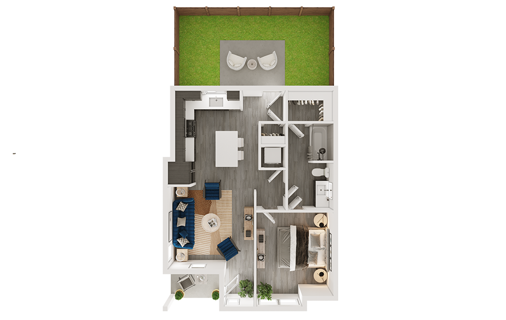 Floor plan for 1 bed, 1 bath, 701 sqft