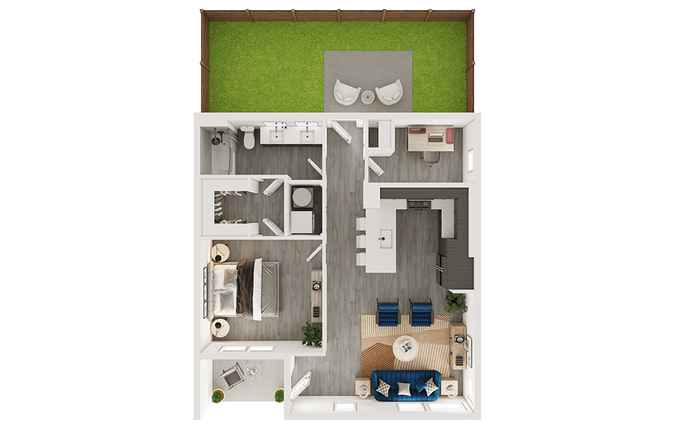 Floor plan for 1 bed, 1 bath, 858 sqft