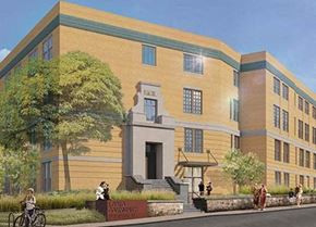 Hyde Park apartment for rent - a rendering of a large building with people outside of it