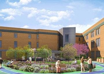 Hyde Park apartment for rent - a rendering of a building with people standing around a garden