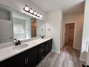 Baton Rouge house for rent - A bathroom with a sink, mirror, and lighting fixture.