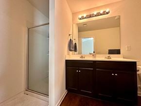 Piedmont house for rent - a bathroom with a sink and a shower and a mirror