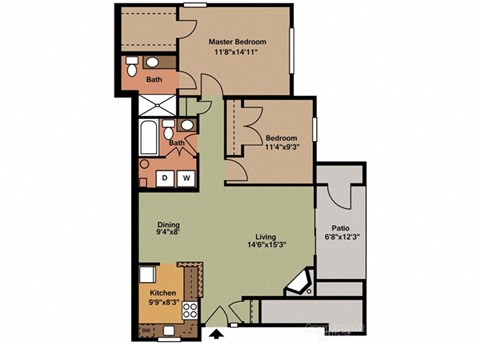 Floor plan for 2 beds, 2 baths, 1026 sqft