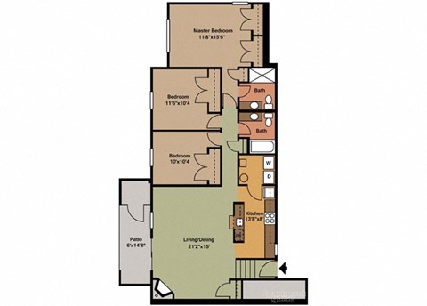 Floor plan for 3 beds, 2 baths, 1216 sqft