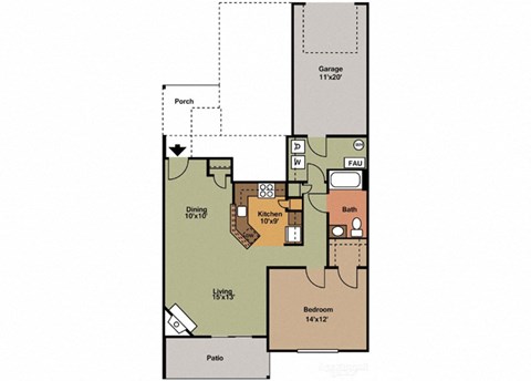 Floor plan for 1 bed, 1 bath, 868 sqft