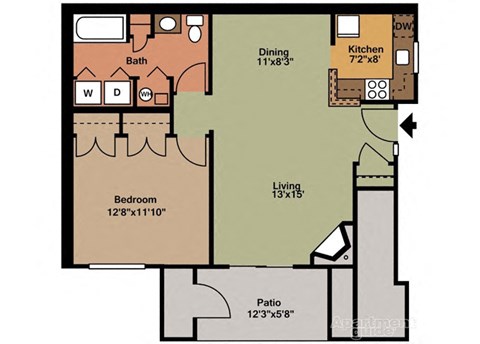 Floor plan for 1 bed, 1 bath, 768 sqft