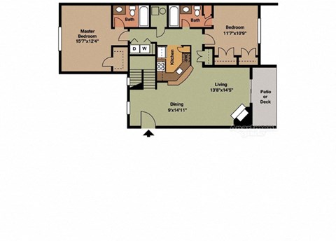 Floor plan for 2 beds, 2 baths, 1274 sqft