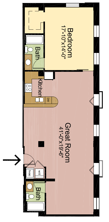 Floor plan for 1 bed, 2 baths, 1135 sqft