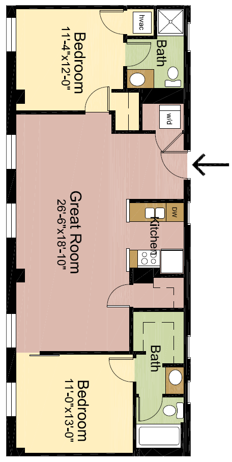 Floor plan for 2 beds, 2 baths, 1135 sqft
