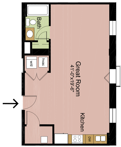 Floor plan for studio, 1 bath, 615 sqft