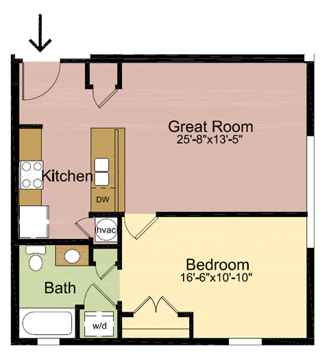 Floor plan for 1 bed, 1 bath, 610 sqft