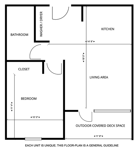 Floor plan for 1 bed, 1 bath, 406 sqft