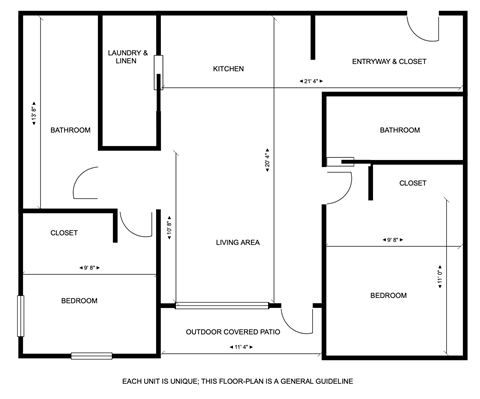 Floor plan for 2 beds, 2 baths, 738 sqft