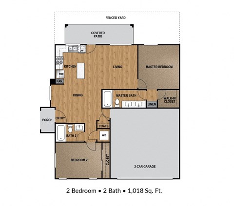 Floor plan for 2 beds, 2 baths, 1018 sqft