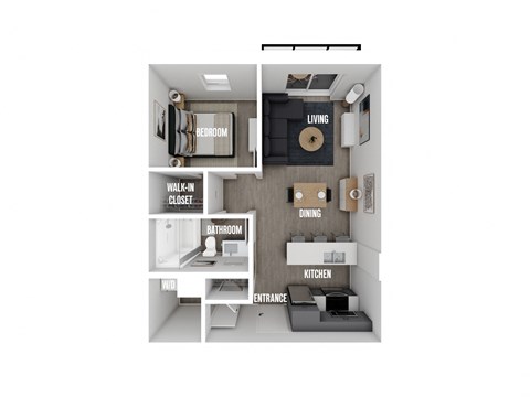 Floor plan for 1 bed, 1 bath, 627 sqft