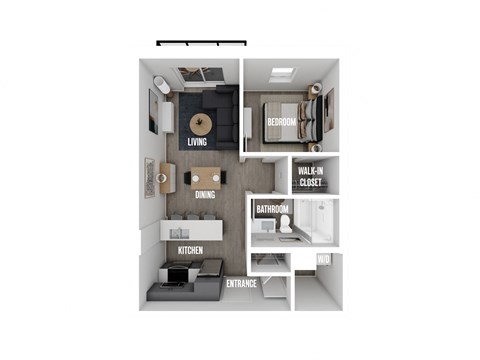 Floor plan for 1 bed, 1 bath, 611 sqft