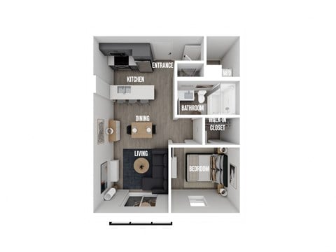 Floor plan for 1 bed, 1 bath, 650 sqft