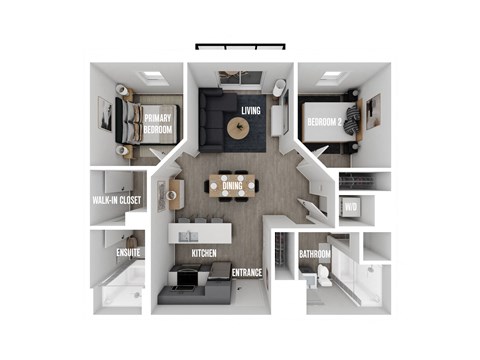 Floor plan for 2 beds, 2 baths, 885 sqft