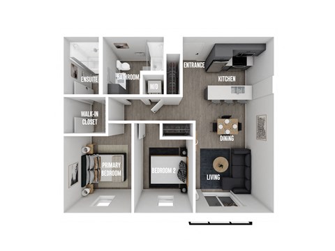 Floor plan for 2 beds, 2 baths, 908 sqft