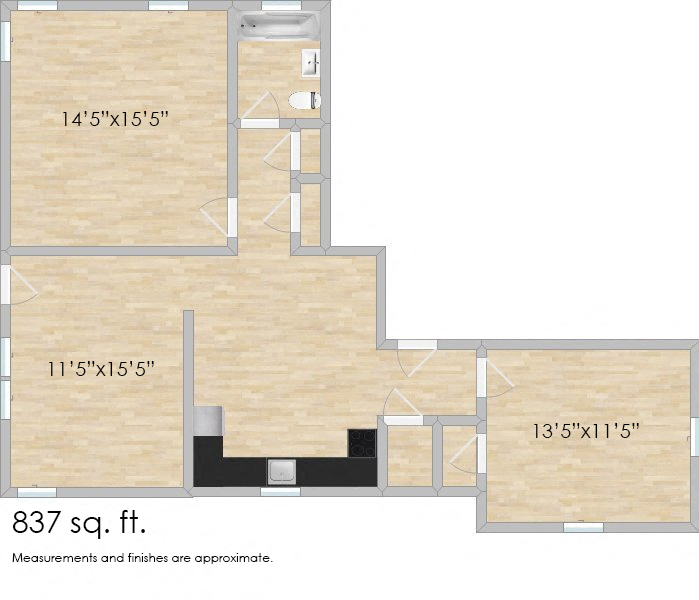 Floor plan for 2 beds, 1 bath, 837 sqft