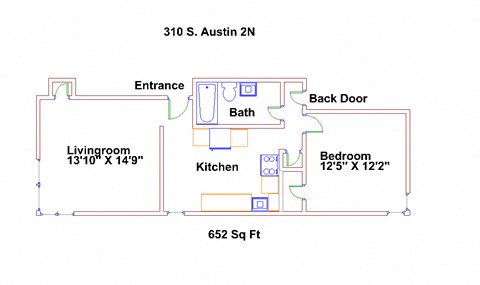 Floor plan for 1 bed, 1 bath, 652 sqft