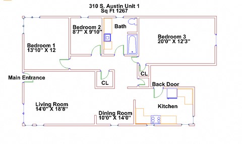 Floor plan for 3 beds, 1 bath, 1265 sqft