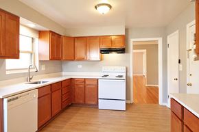 Oak Park apartment for rent - an empty kitchen with wooden cabinets and white appliances