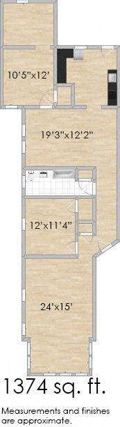 Floor plan for 2 beds, 1 bath, 1374 sqft