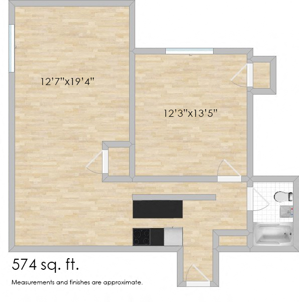 Floor plan for 1 bed, 1 bath, 574 sqft