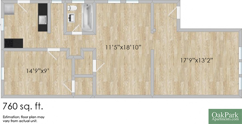 Floor plan for 1 bed, 1 bath, 827 sqft