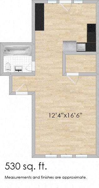 Floor plan for studio, 1 bath, 527 sqft