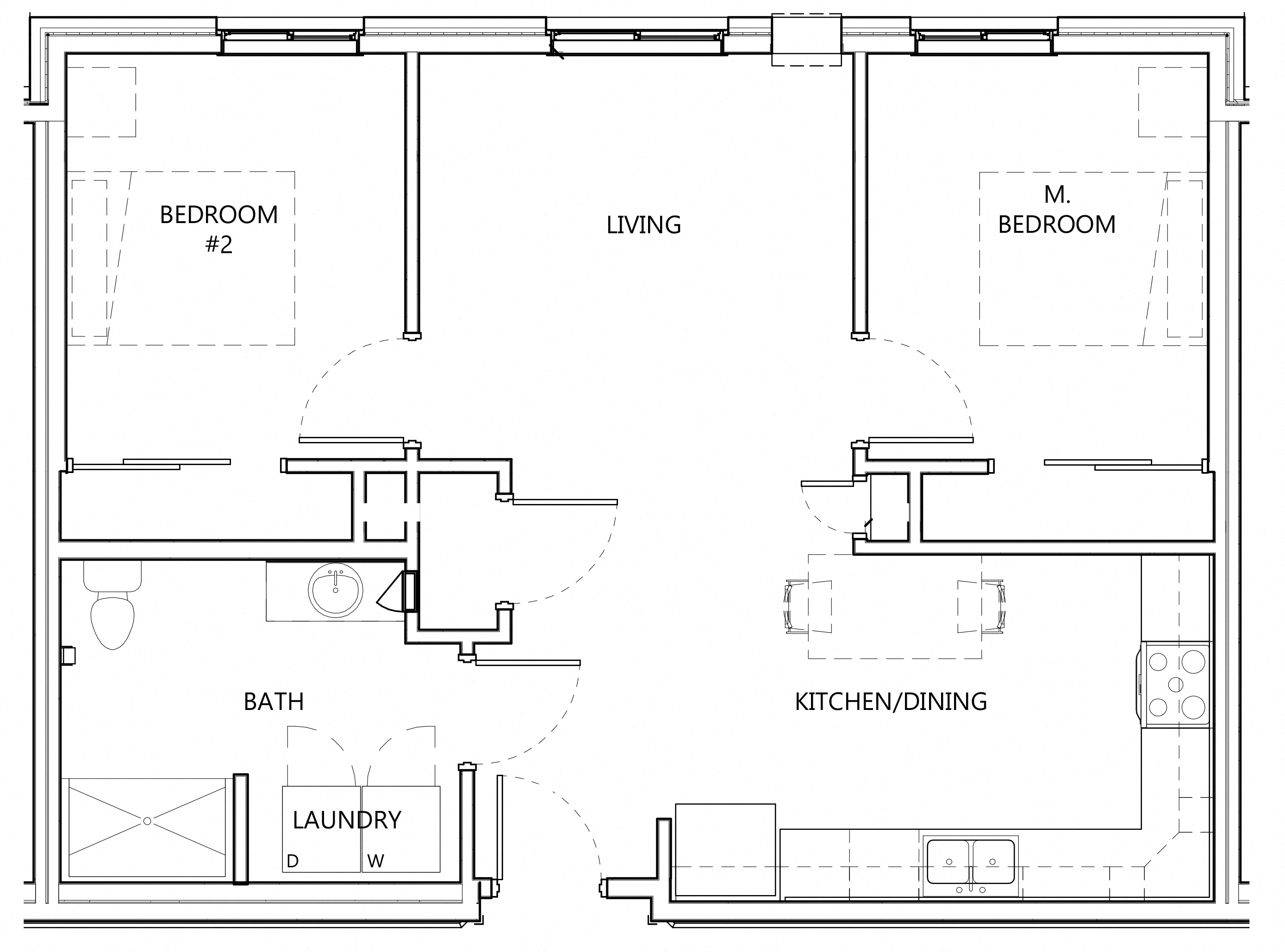 Floor plan for 2 beds, 1 bath, 864 sqft