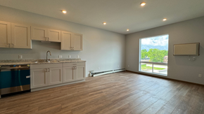 Fargo apartment for rent - an empty living room with a kitchen and a large window