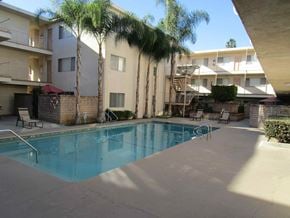 Sherman Oaks apartment for rent - A swimming pool in front of a building with palm trees.