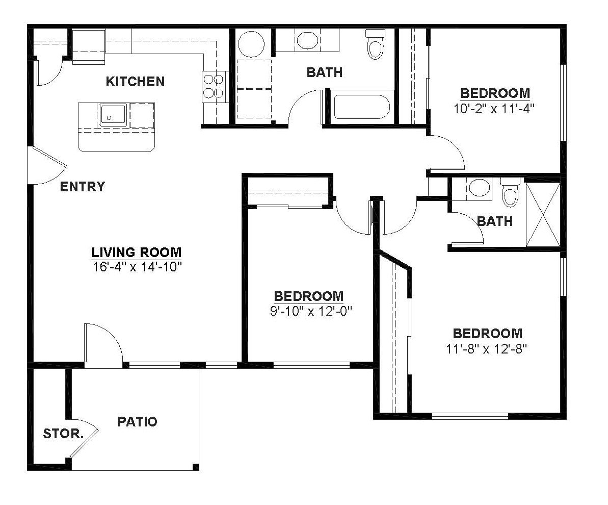 Floor plan for 3 beds, 2 baths, 1224 sqft