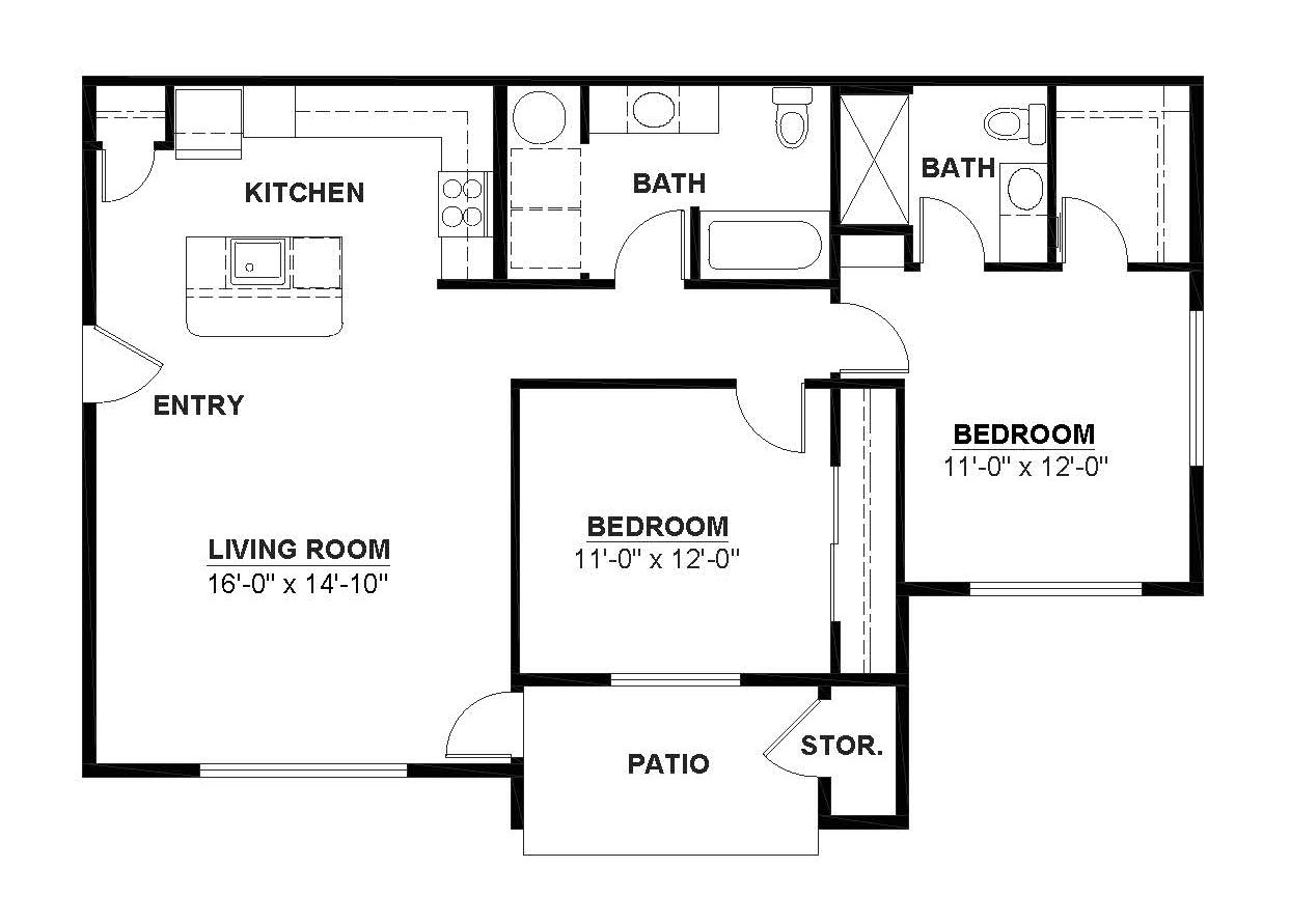 Floor plan for 2 beds, 2 baths, 1054 sqft