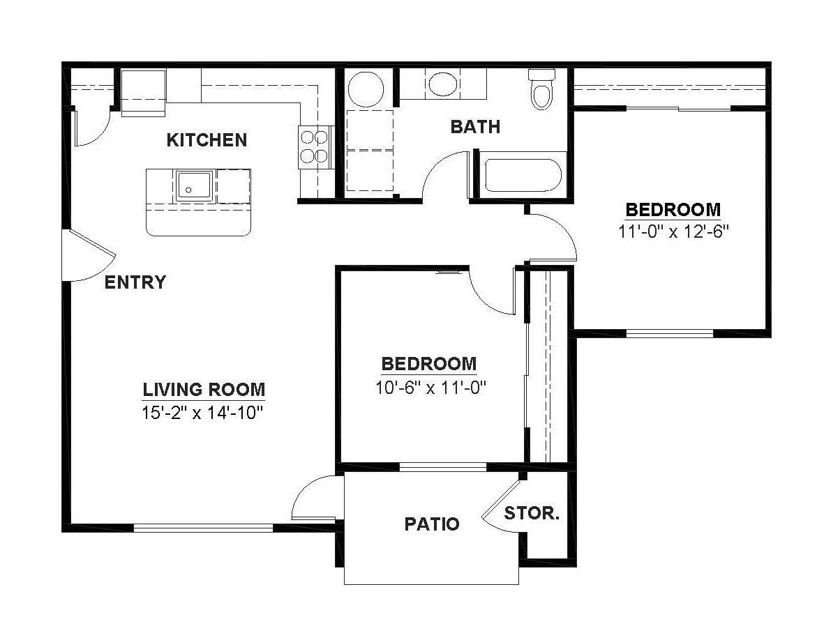 Floor plan for 2 beds, 1 bath, 936 sqft