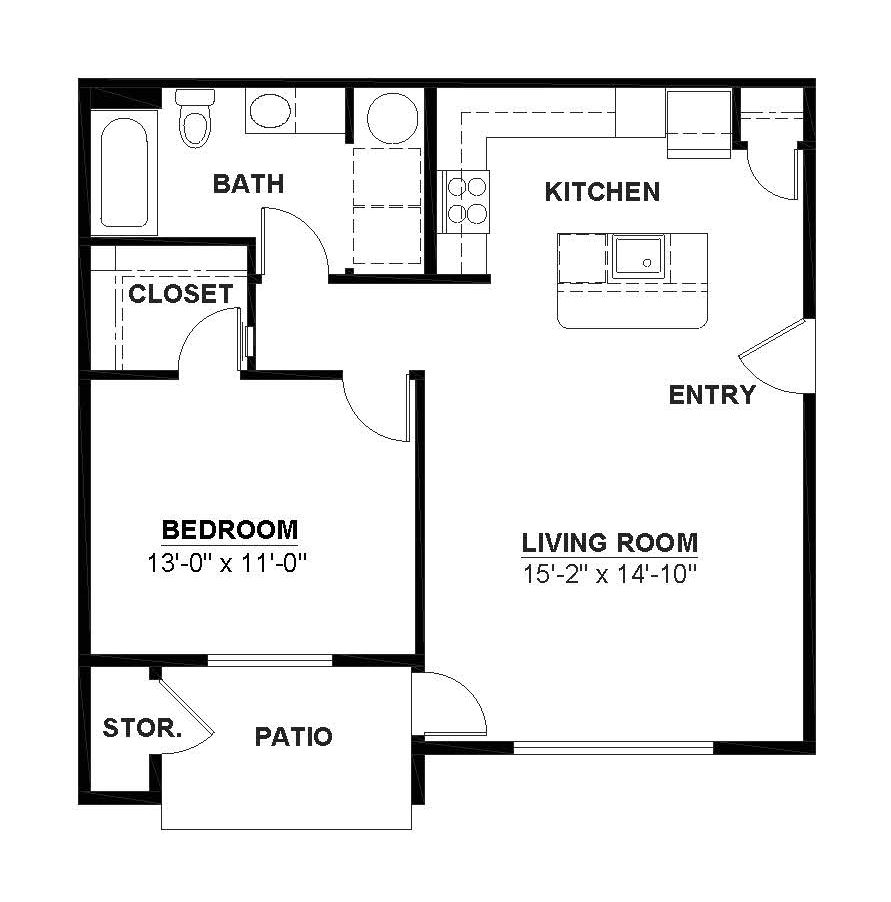 Floor plan for 1 bed, 1 bath, 774 sqft