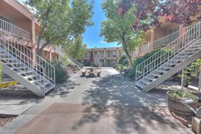 Albuquerque apartment for rent - A sunny day at a residential area with apartment buildings on both sides of a tree-lined walkway.
